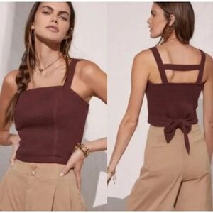 ANTHROPOLOGIE Tie Back Square Neck Crop Tank Top Crinkle Cotton Rust‎ Red Sz S